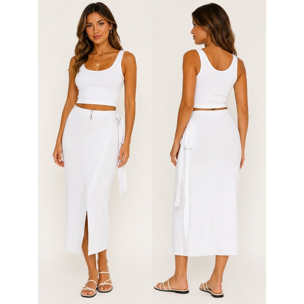 SNDYS Skirt Women Size S‎ White Wrap Midi Ribbed Knit Casual Summer SFK054
